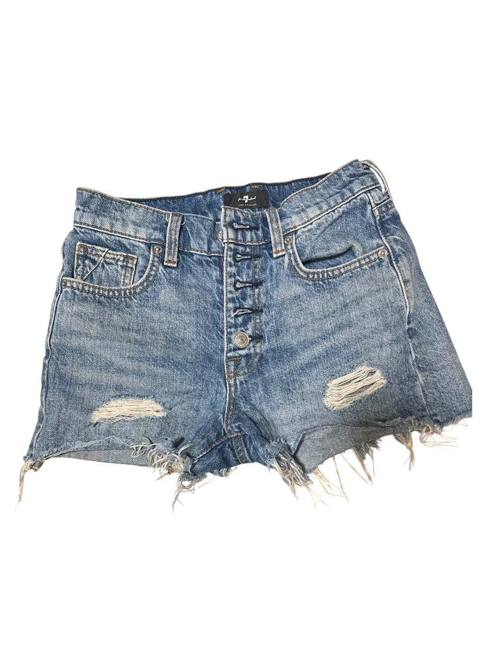 7 For All Mankind Monroe Button-Fly Distressed Cutoff Denim Shorts size 23
